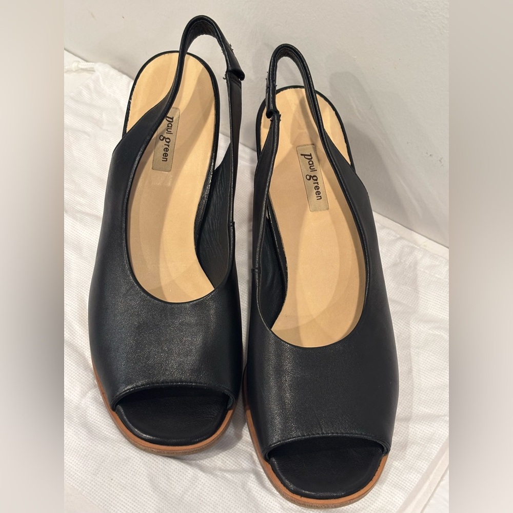 PAUL GREEN Savanah Slingback Peep Toe Leather Sandals in Black Size 8US or 5.5UK
